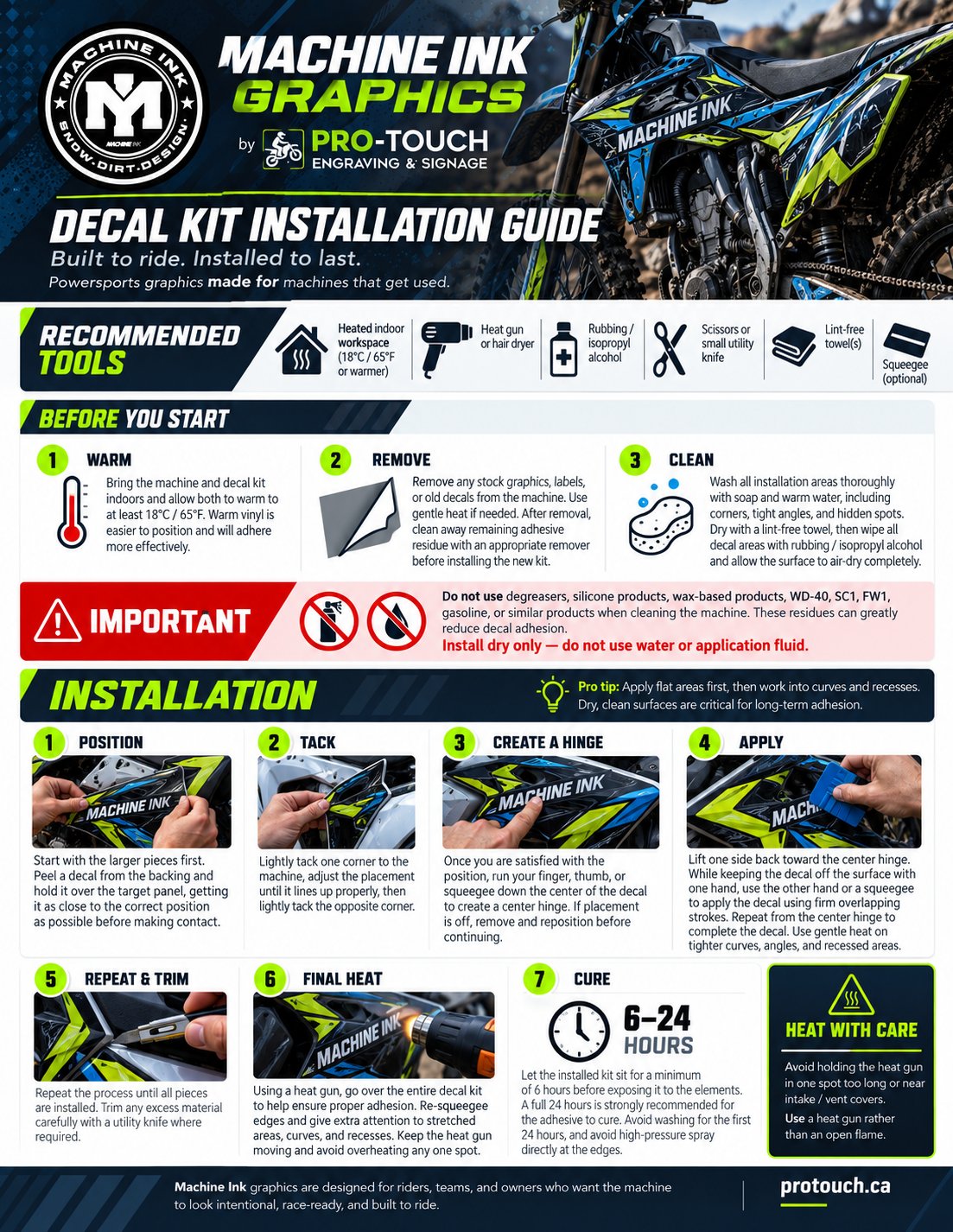 Machine Ink decal kit installation guide: recommended tools, surface preparation, the seven installation steps and cure time