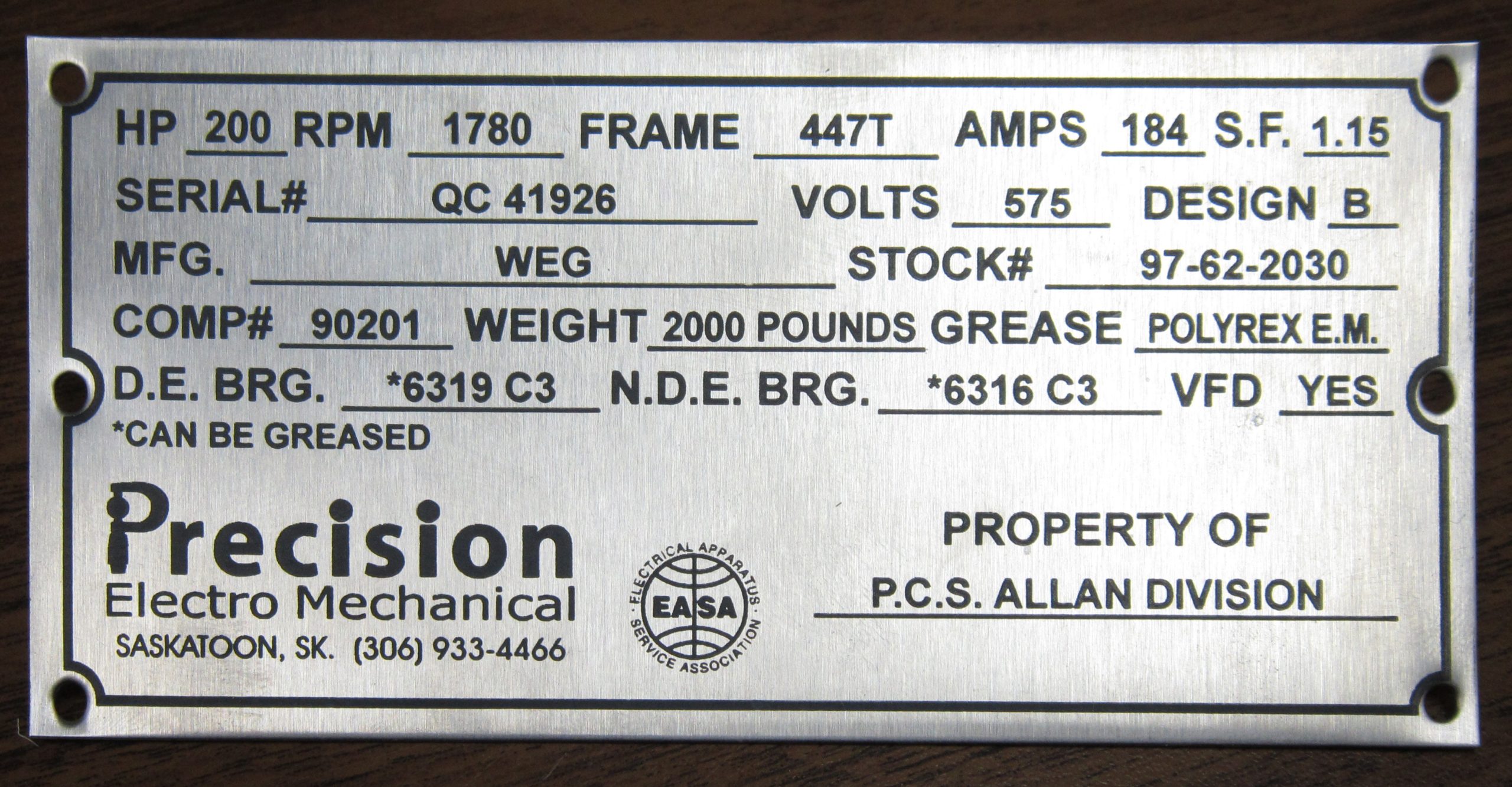 Pro-Touch Engraving Ltd. 2025 Chemical Etch Stainless Steel equipment tag.